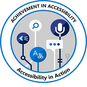 Digital badge for Accessibility in Action – Achievement in Accessibility, featuring icons representing accessibility tools like a microphone, magnifier, speech bubble, screen reader, and translation symbol, connected by lines within a circular design.