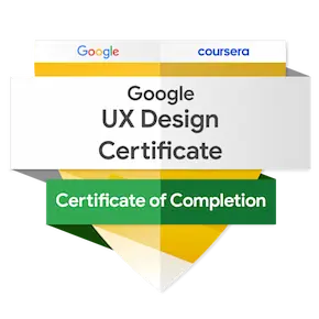 Digital badge for the Google UX Design Certificate issued by Coursera, featuring a shield-shaped design.