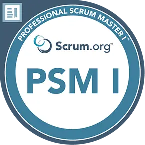 Digital badge for Professional Scrum Master I certification from Scrum.org, featuring a circular design with the Scrum.org logo and the text Professional Scrum Master I around the edge.